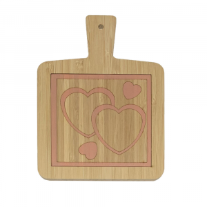 Hand-decorated bamboo cutting board with pink heart pattern made in Italy