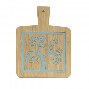 Hand-decorated bamboo cutting board with blue tree of life motif made in Italy