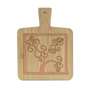 Hand-decorated bamboo cutting board with pink volute pattern made in Italy