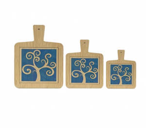 Set di tre taglieri in bamboo decorati a mano con motivo albero della vita blu made in Italy