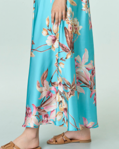 Slip dress lungo color turchese in raso a fantasia orchidee multicolore