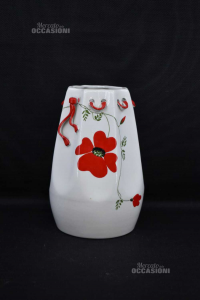 Keramikvase Für Blumen Weiß Mit Blume Rot Höhe 26 Cm