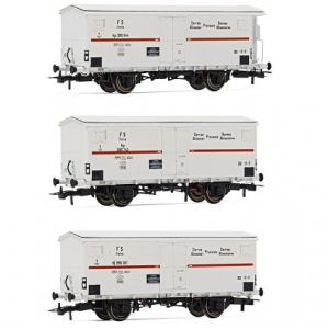 HR6561 FS, set di 3 carri refrigerati a 2 assi Hgb (2 senza garitta, 1 con), sagoma inglese, livrea bianca con striscia rossa, ep. III