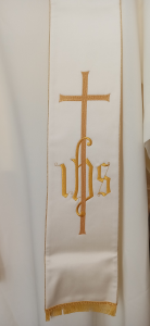 Stola Liturgica Sacerdotale Bianca ricamo Croce-IHS tessuto lana e seta