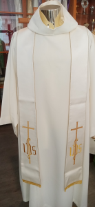 Stola Liturgica Sacerdotale Bianca ricamo Croce-IHS tessuto lana e seta