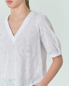 Blusa bianca in cotone Sangallo con scollo a V e mezze maniche a palloncino