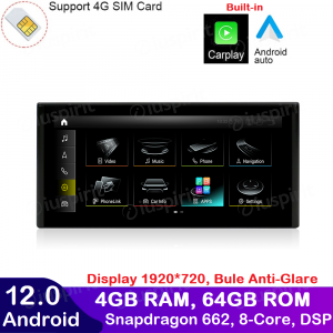 AUTORADIO NAVIGATORE 1 DIN 10 ANDROID 12 4 GB RAM 64 GB ROM 4G CARPLAY