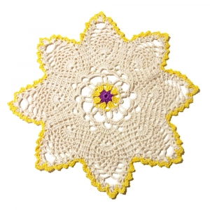 Centrino beige giallo e violetto ad uncinetto 26 cm - Crochet by Patty