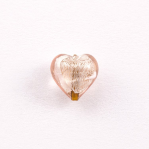 Perla cuore in vetro di Murano 14 mm. Vetro rosa con foglia argento sommersa e foro passante per bigiotteri