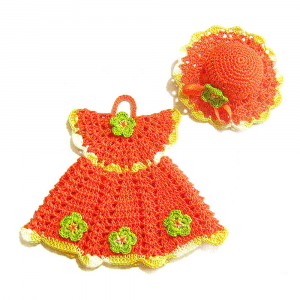 Presina vestitino arancione e verde con cappello ad uncinetto - Crochet by Patty