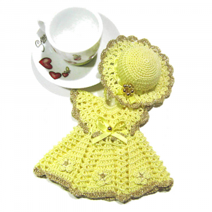 Presina vestitino crema e oro con cappello ad uncinetto - Crochet by Patty