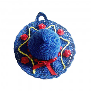 Cappellino puntaspilli blu rosso e giallo ad uncinetto 13 cm - Crochet by Patty