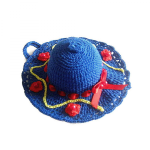 Cappellino puntaspilli blu rosso e giallo ad uncinetto 13 cm - Crochet by Patty