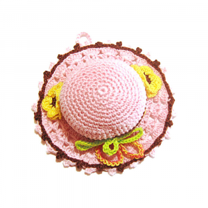 Cappellino puntaspilli rosa con girasoli ad uncinetto 11 cm - Crochet by Patty