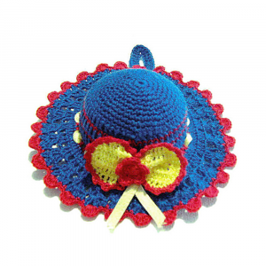 Cappellino puntaspilli blu con fiocco giallo ad uncinetto 12 cm - Crochet by Patty