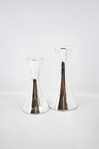 Paar Kerzenhalter Glas Und Silber Greggio Silber 20 Und 24 Cm Höhe