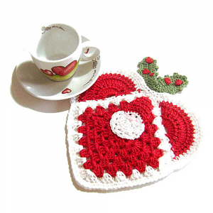 Presina cuore rosso con Babbo Natale ad uncinetto 17x19.5 cm - Crochet by Patty