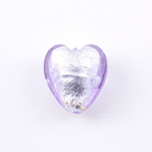 Perla cuore in vetro di Murano 20 mm. Vetro alessandrite, foglia argento sommersa e foro per bigiotteria