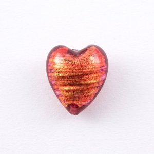 Perla cuore in vetro di Murano 20 mm. Vetro arancione e foglia oro sommersa e foro passante per bigiotteria