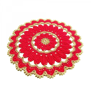 Centrino Natalizio rosso e oro rotondo ad uncinetto 26.5 cm - Crochet by Patty