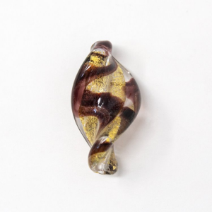 Perla di Murano foglia attorcigliata 32 mm. Vetro cristallo, ametista e foglia oro. Foro passante.