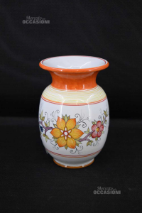 Vaso Portafiori Ceramica Vietri Floreale Bianco Arancione H 21
