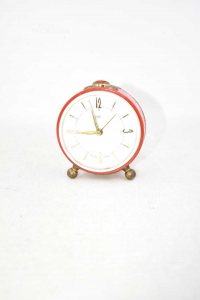 Allarm Clock Vintage Charge Manual Wehrle Western Germany Red White 7.5 Cm Working