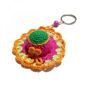 Portachiavi cappello arancione e fucsia con perline ad uncinetto 8.5 cm - Crochet by Patty