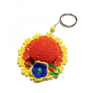 Portachiavi cappello arancione e giallo con perline ad uncinetto 9 cm - Crochet by Patty