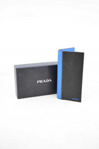 Wallet Prada 2mv836 Mens Saffiano Leather Bi-colore Blue Black Original