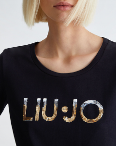 LIU-JO t-shirt donna a maniche lunghe ROSA girocollo con logo e strass