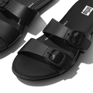 Fitflop - GRACIE RUBBER-BUCKLE TWO-BAR LEATHER SLIDES All Black - DROP 10