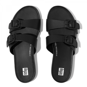 Fitflop - GRACIE RUBBER-BUCKLE TWO-BAR LEATHER SLIDES All Black - DROP 10