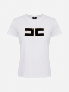 T-shirt in cotone con logo in velluto Elisabetta Franchi