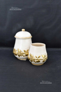 Jar + Ceramic Vase Color Ivory With Details Fruit Golden H 20- 12 Cm