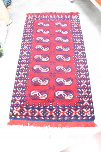 Wool Carpet Hand Made Blue White Red 92x180 Cm