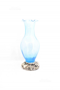 Vase Glass Flower Stand Light Blue With Base Fruit Effect Silver 26 Cm