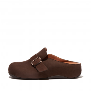 Fitflop - SHUV BUCKLE-STRAP NUBUCK CLOGS CHOCOLATE BROWN