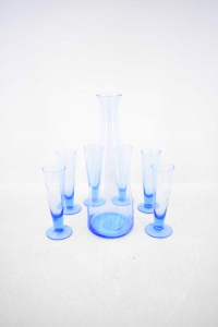 6 Vasos De Vidrio Azul Con Jarra