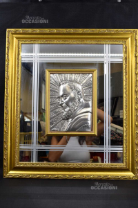Quadro San Pio X Argentato Con Specchio E Cornice Dorata 48x54 Cm