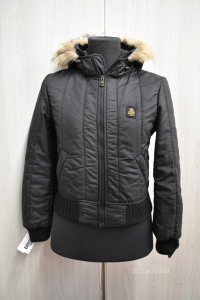 Jacket Woman Refrigiwear Size.s Black Short,with True Hair On Cappuccio