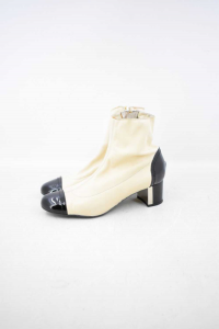 Ankle Boots Woman Ballin Size 38.5 In True Leather White Panna And Paint Black,heel 5 Cm