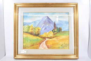 Pintura Pintura Al óleo Autor Nadia 89 Paisaje Con Montañas Y Campanario 70x60 Cm