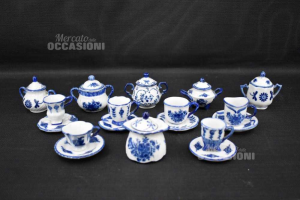 Set Collection Cups Ceramic White Blue 6 Pieces + Plates + 6 Zuccheriere
