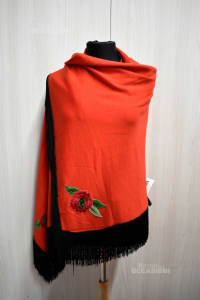 Shawl Woman Red With Fringes Black And Embroidery Flower