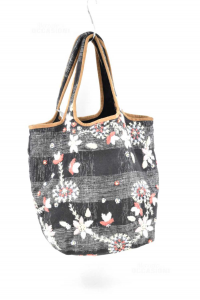 Handbag In Fabric Black Benetton Drawing Flowers Embroided 26x36 Cm