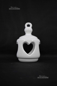 Holder Candle In Ceramic White With Hearts 16 Cm