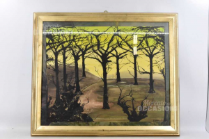 Gemälde S.scheurer Wald Mit Hintergrund Gelb Größe 63,5x54 Cm