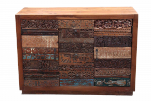 Buffet in legno di teak 3 cassetti e 2 ante con frontale recuperi di timbri e frame cornici portali
