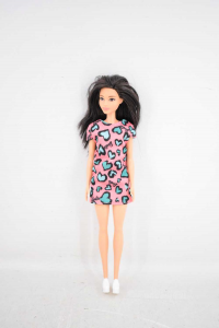 Puppe Barbie Trendy Kleid Rosa Zeichnung Herzen Blau